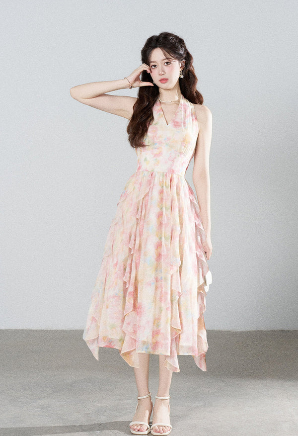 Floral Chiffon Halter V-Neck Ruffle Dress