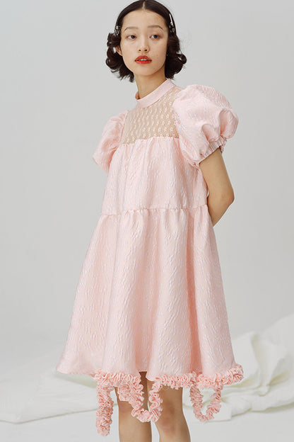 Lace Patchwork Puff Sleeve A-Line Dress