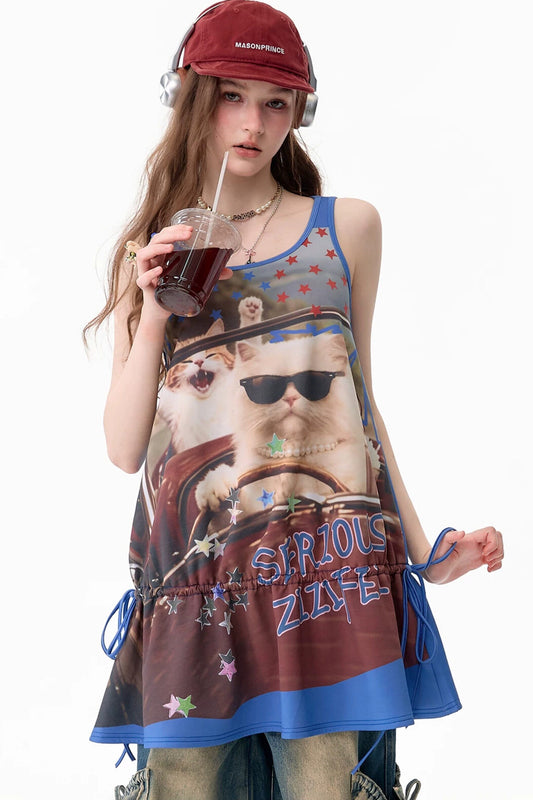 Abito gilet streetwear rétro americano con stampa gatto