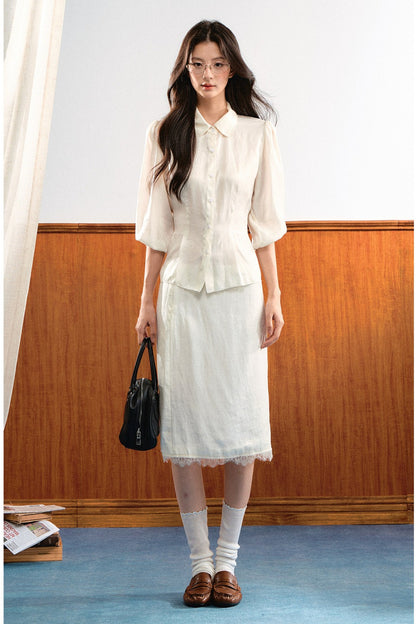 Lace Trim Puff Sleeve Top and Skirt Set-Up