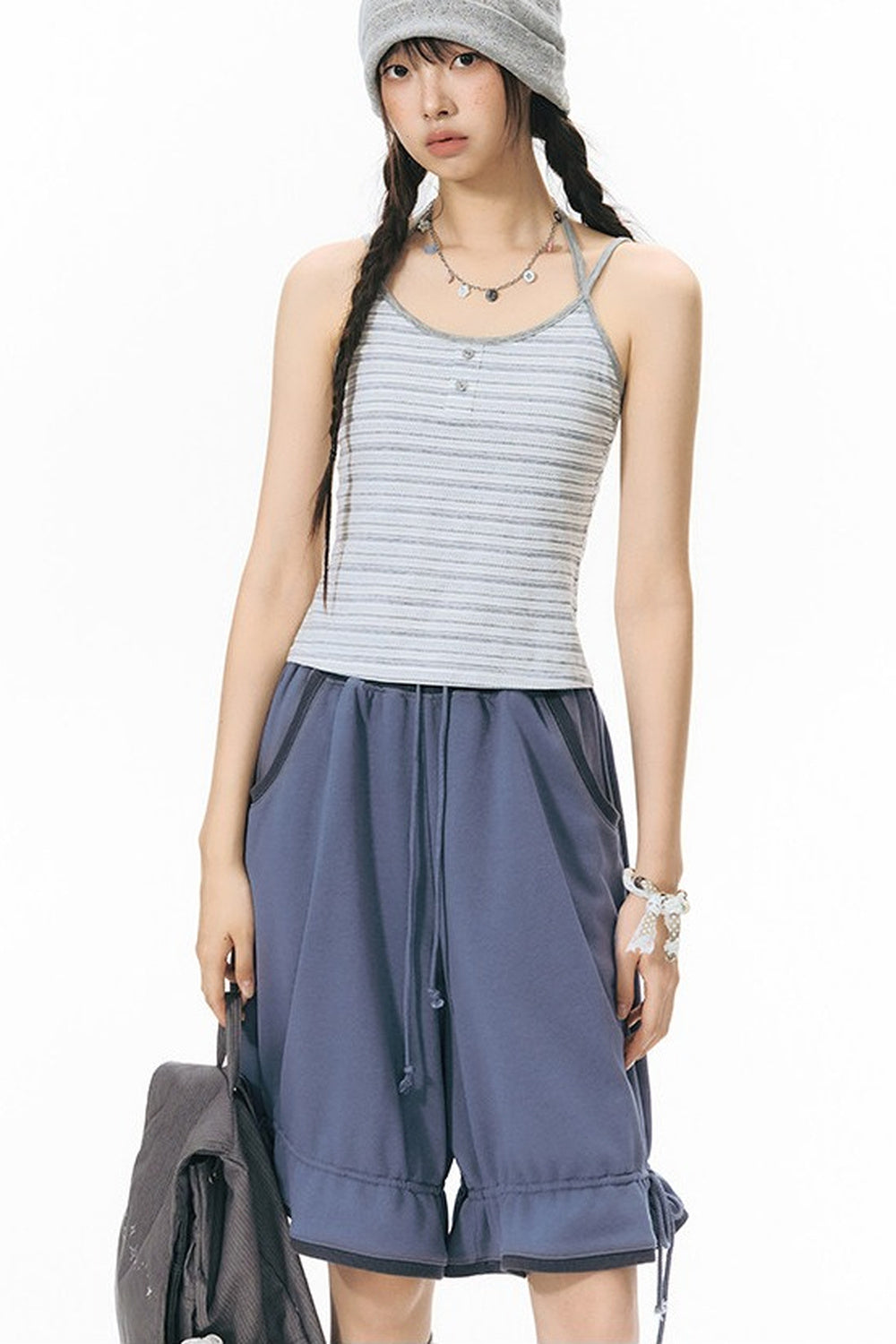 Color-Block Drawstring Elastic Waist Wide-Leg Mid-Length Shorts
