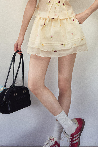 Set aus besticktem Chiffon-Oberteil und Rock mit doppellagigem Saum