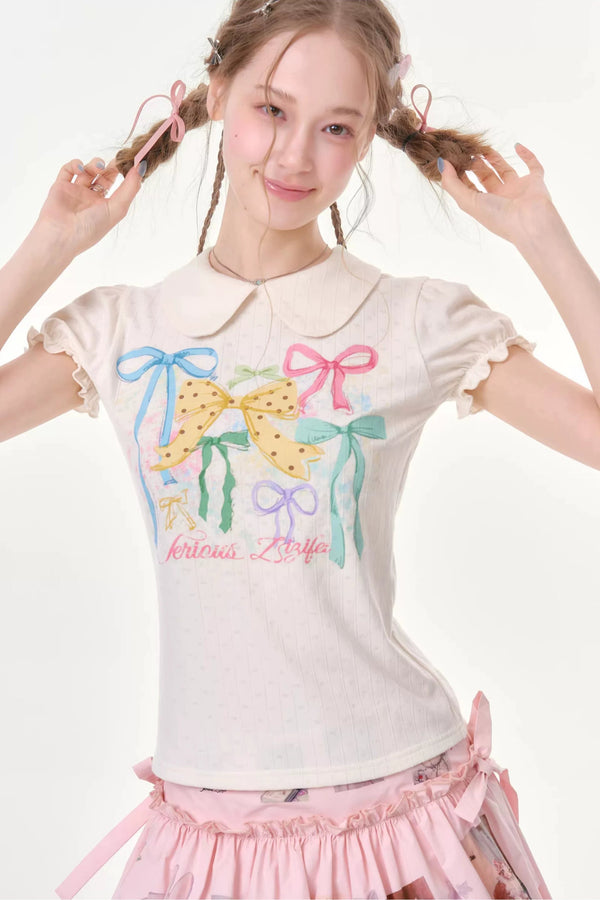 White Puff Sleeve Bow Print T-Shirt