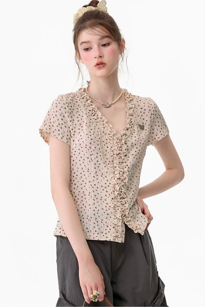 Apricot Polka Dot Lace V-Neck T-Shirt