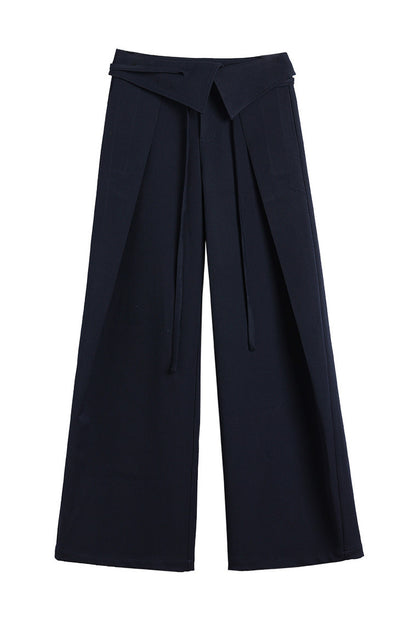 Folded Waistband Drawstring Wide-Leg Pants