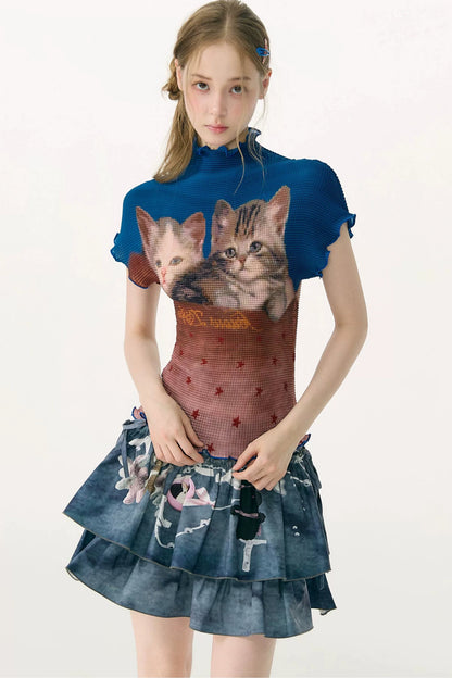 Blusa a blocchi di colore con stampa di gatti