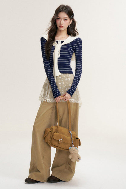 Striped Shawl Collar Long Sleeve Knit Sweater