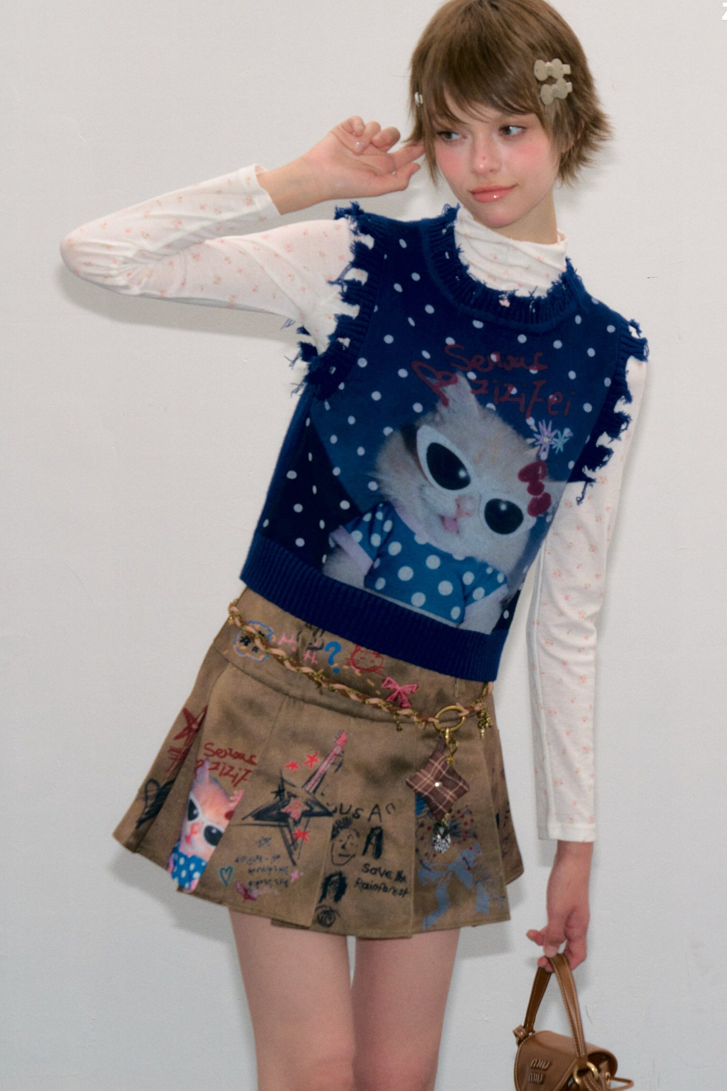 Navy Blue Cat Print Polka Dot Vest