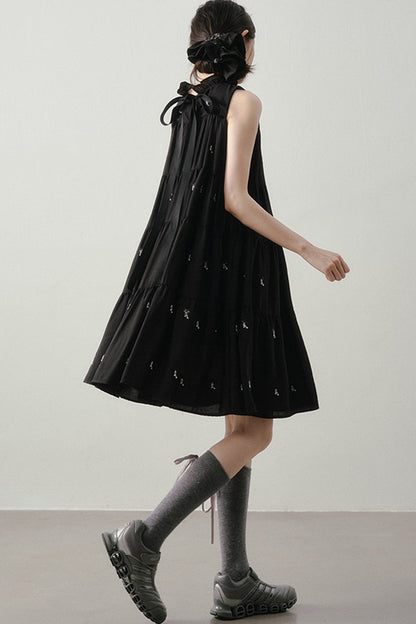 Embroidered Sleeveless Ruffle Stand Collar Dress