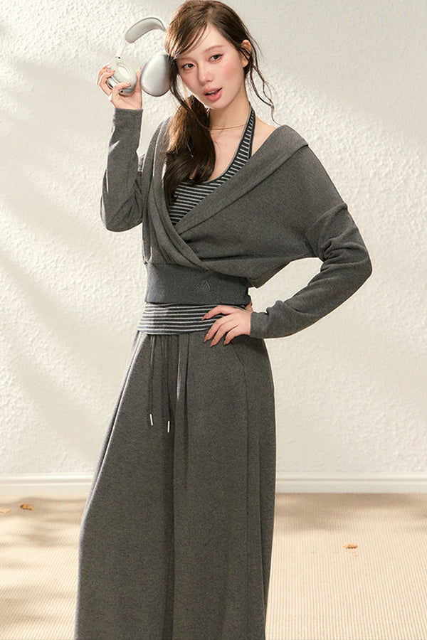 V-Neck Sweatshirt and Wide-Leg Pants Set-Up