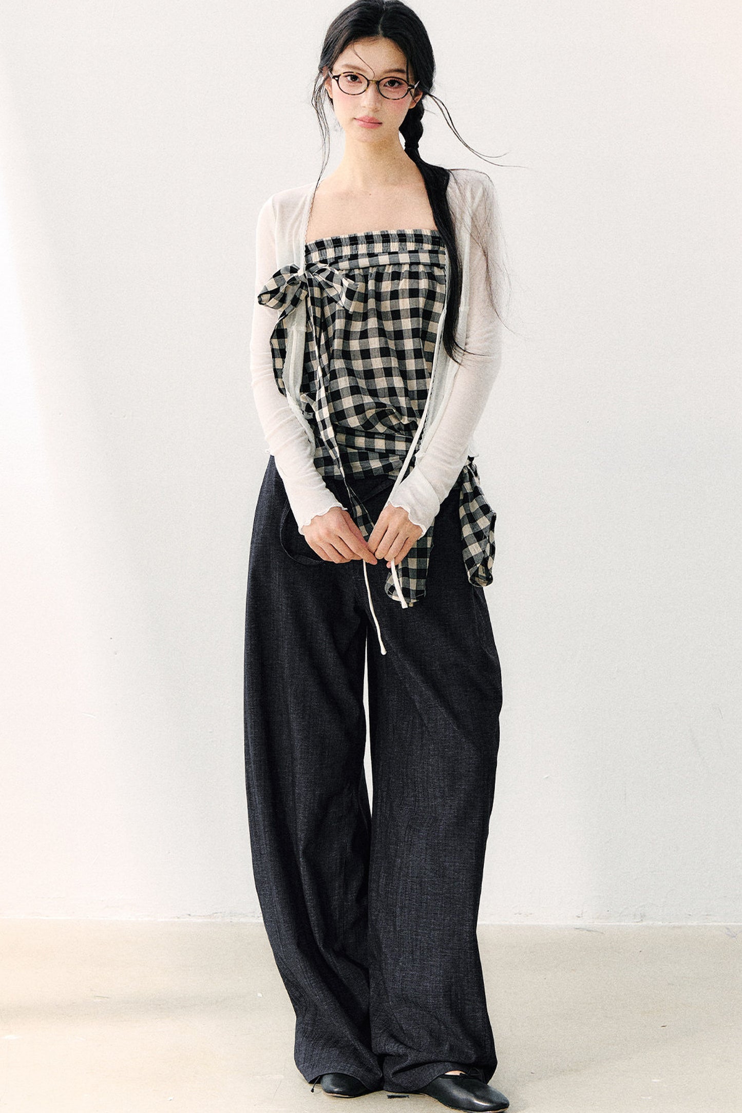 Washed Plaid Tube Top With Bow
