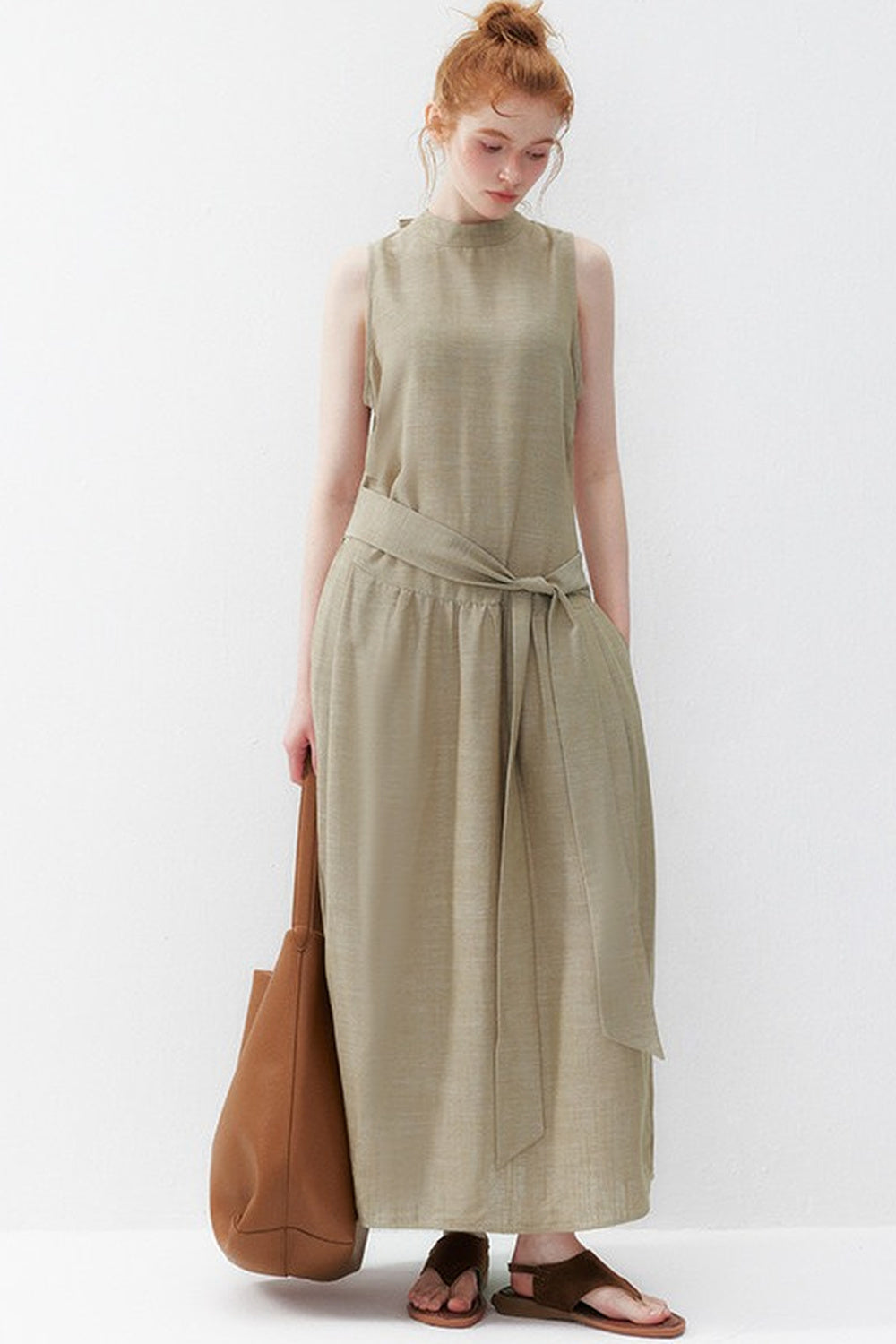 Oatmeal Tie-Up Tencel Dress