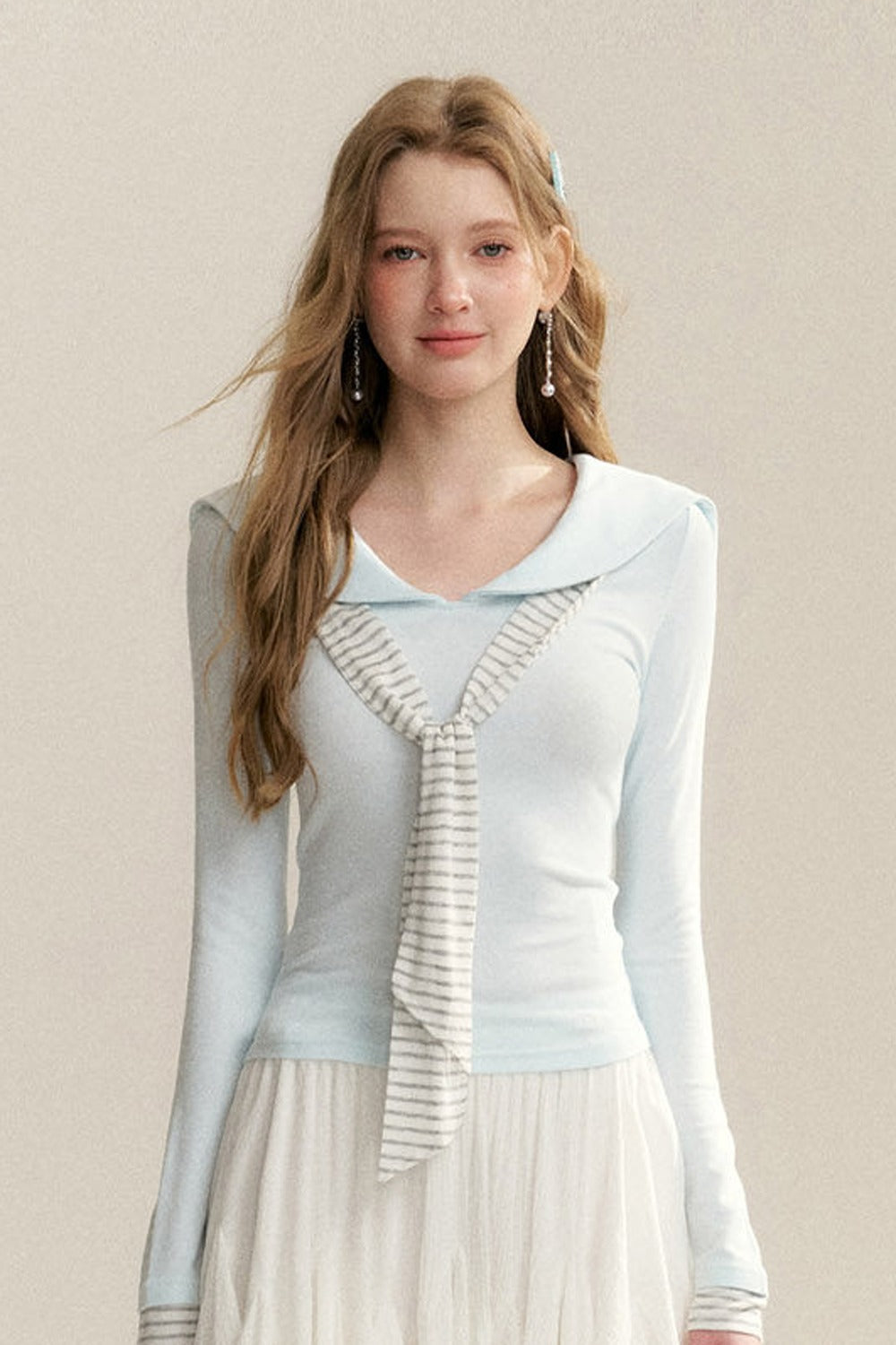 Navy Collar Striped Patchwork Tee