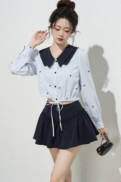 Doll Collar Drawstring Long-Sleeve Shirt and Skirt Set-Up