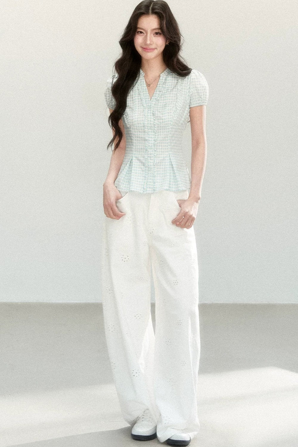 Blue Plaid V-Neck Short Sleeve Blouse