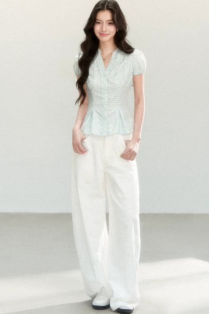 Blue Plaid V-Neck Short Sleeve Blouse