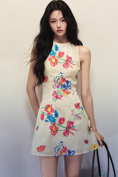 Robe sans manches à fleurs peintes à la main, style artistique