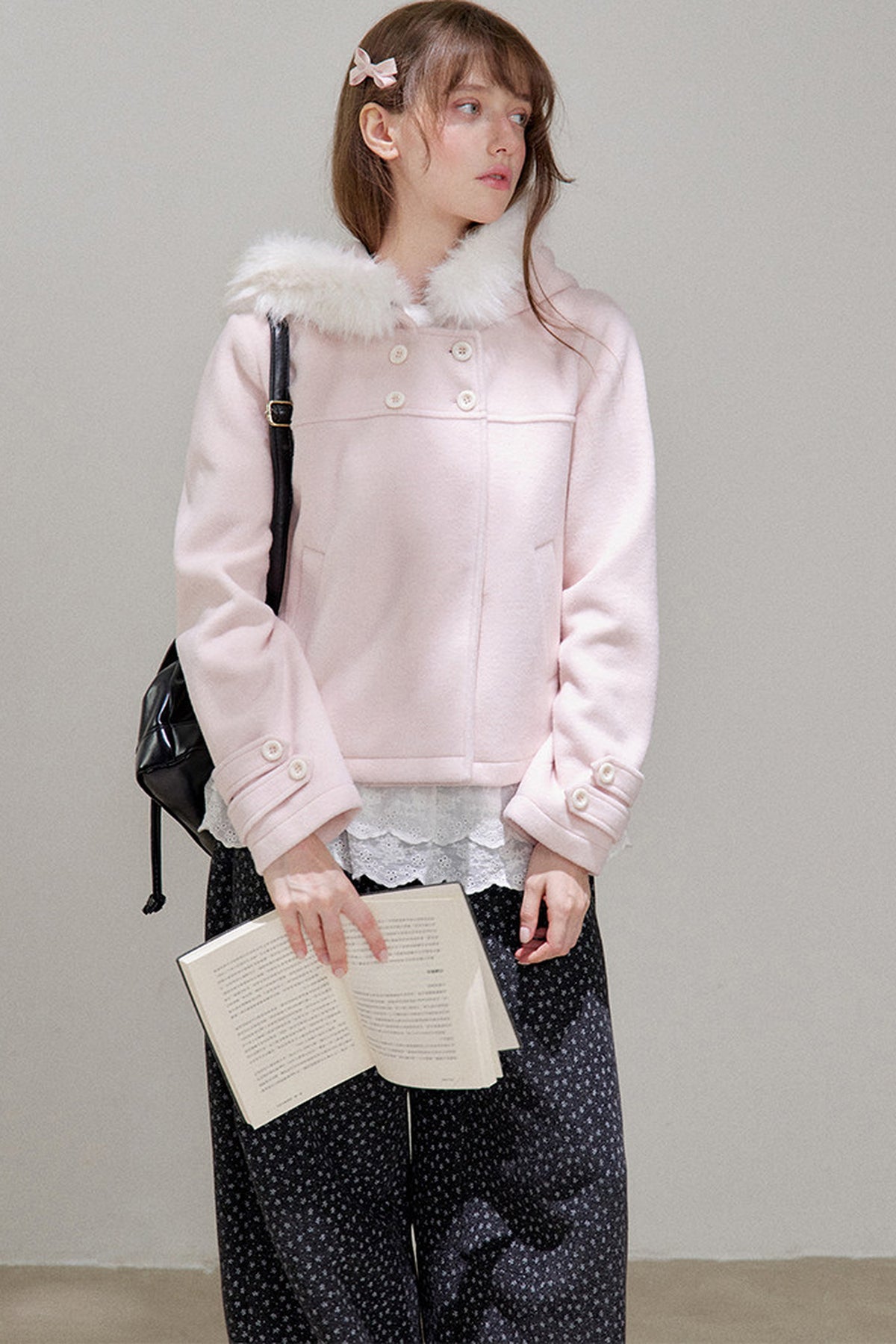 Lace Trim Fur Collar Hooded Coat