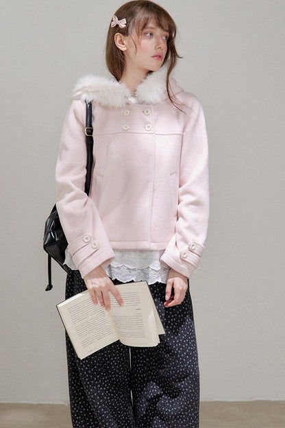 Lace Trim Fur Collar Hooded Coat