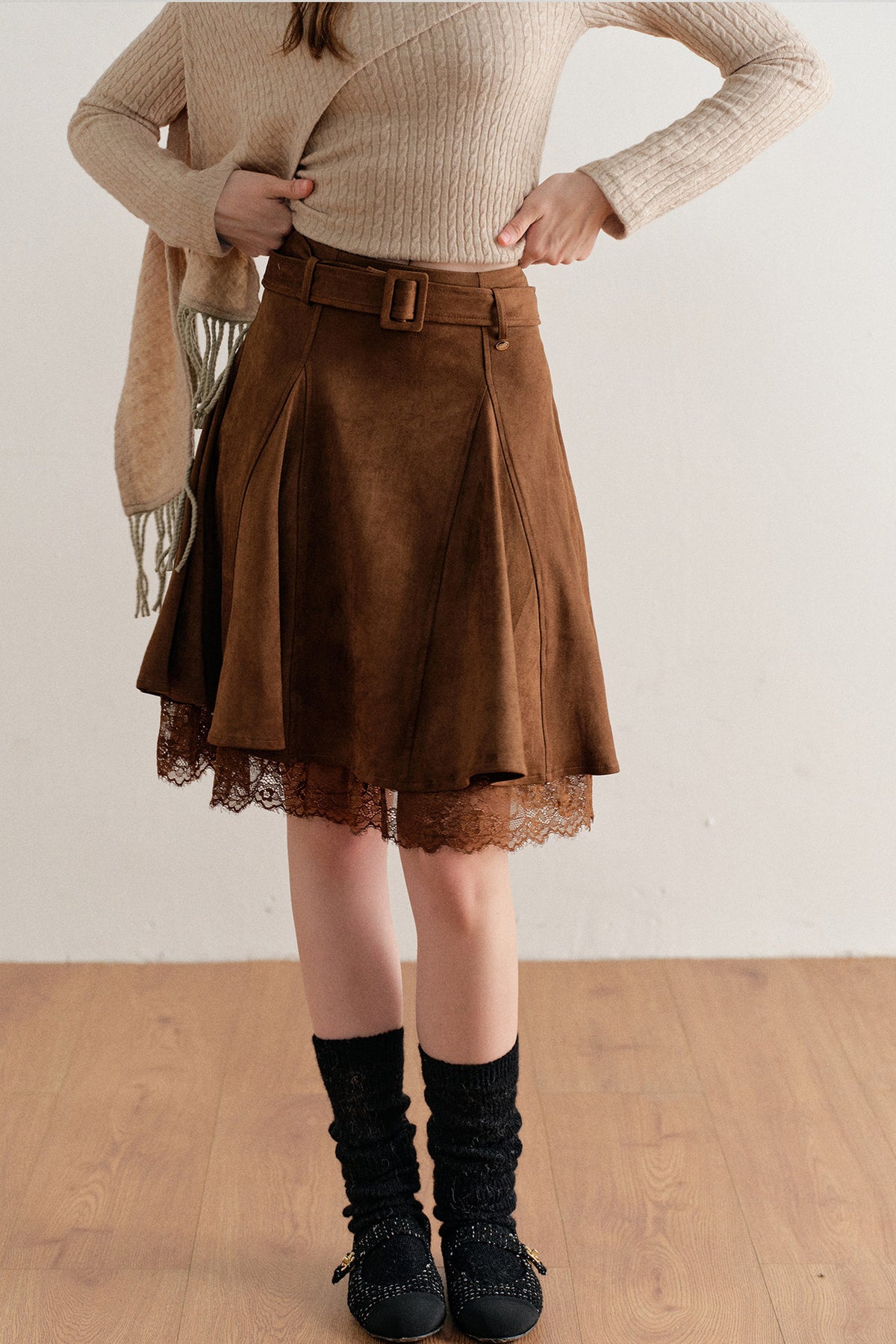 Faux Suede Lace Patchwork Skirt