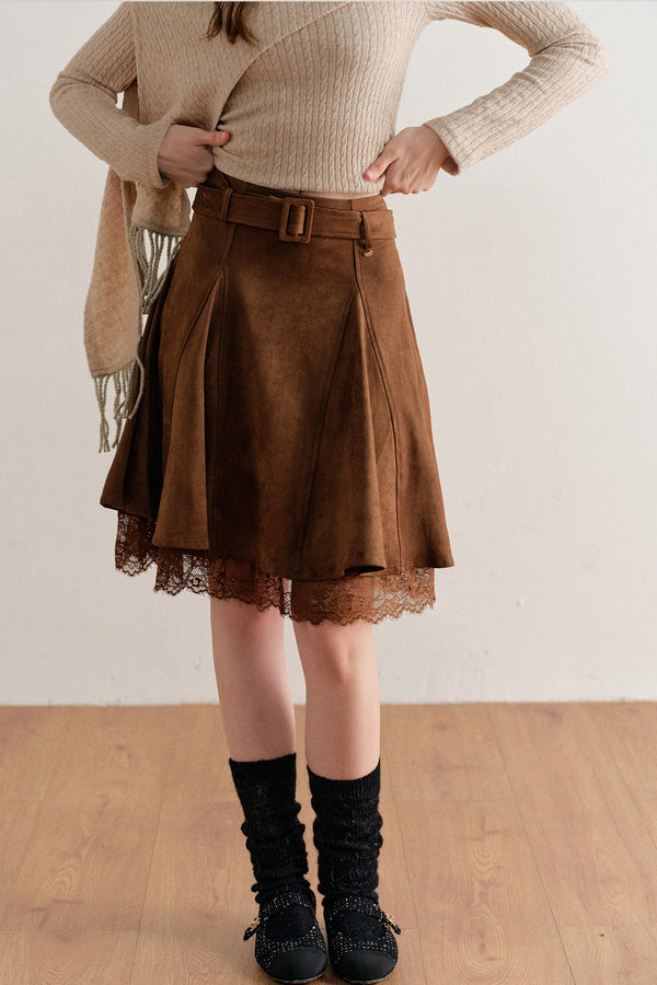 Faux Suede Lace Patchwork Skirt