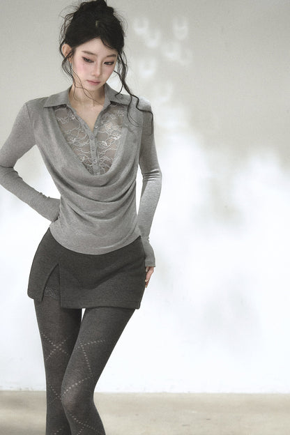 Lace Drape Collar Long-Sleeve Knit Top