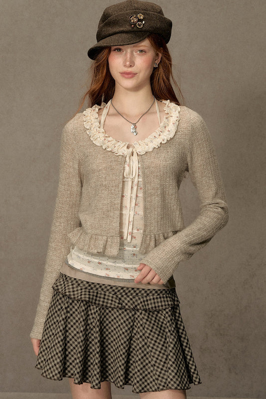 Ruffled Knit Cardigan With Camisole