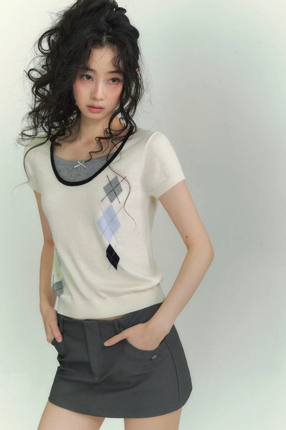 Diamond Pattern Fake Two-Piece Top