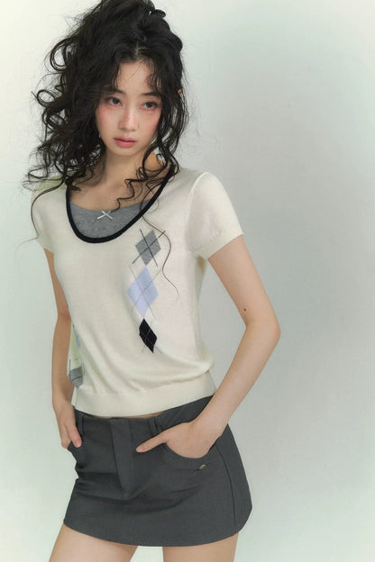Diamond Pattern Fake Two-Piece Top