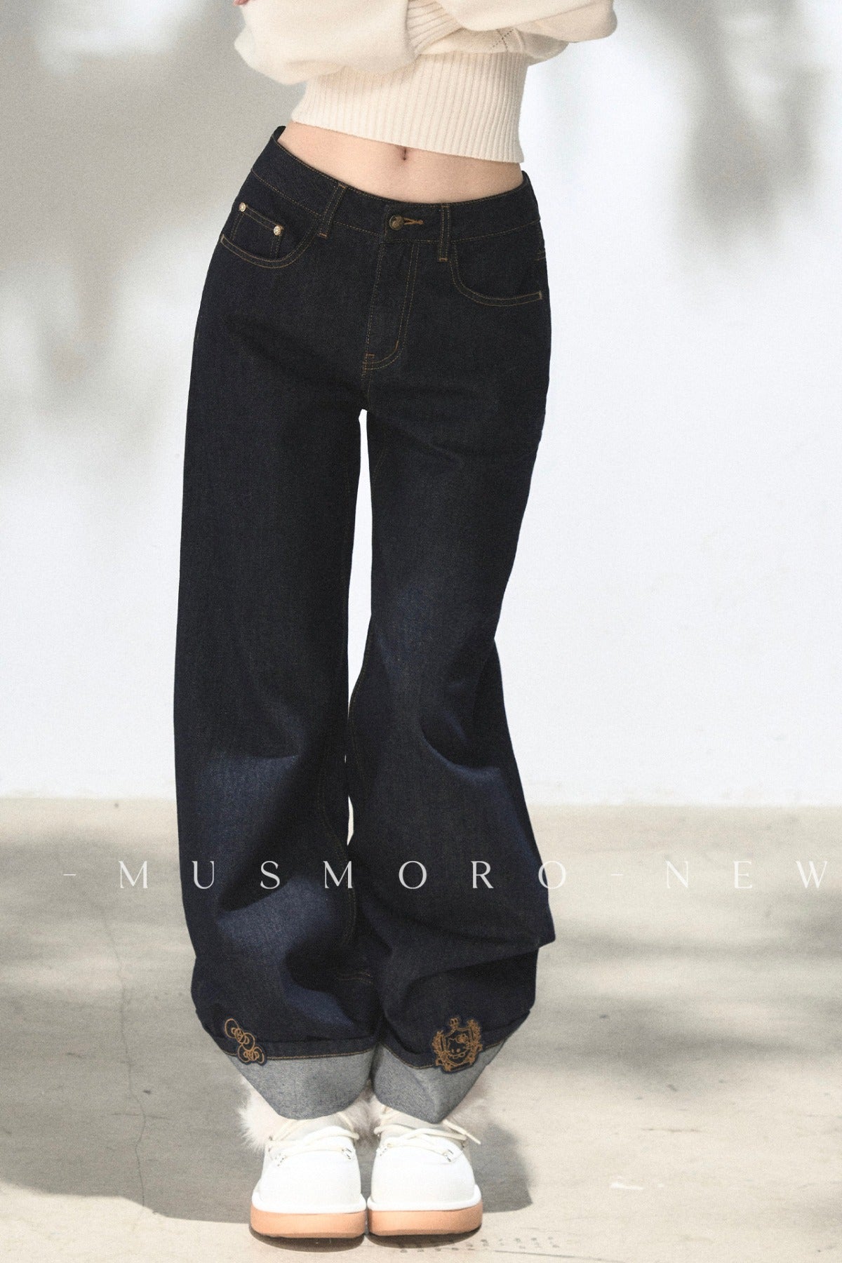 Embroidered Cat Raw Denim Jeans