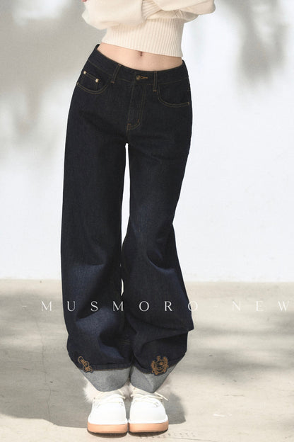 Embroidered Cat Raw Denim Jeans