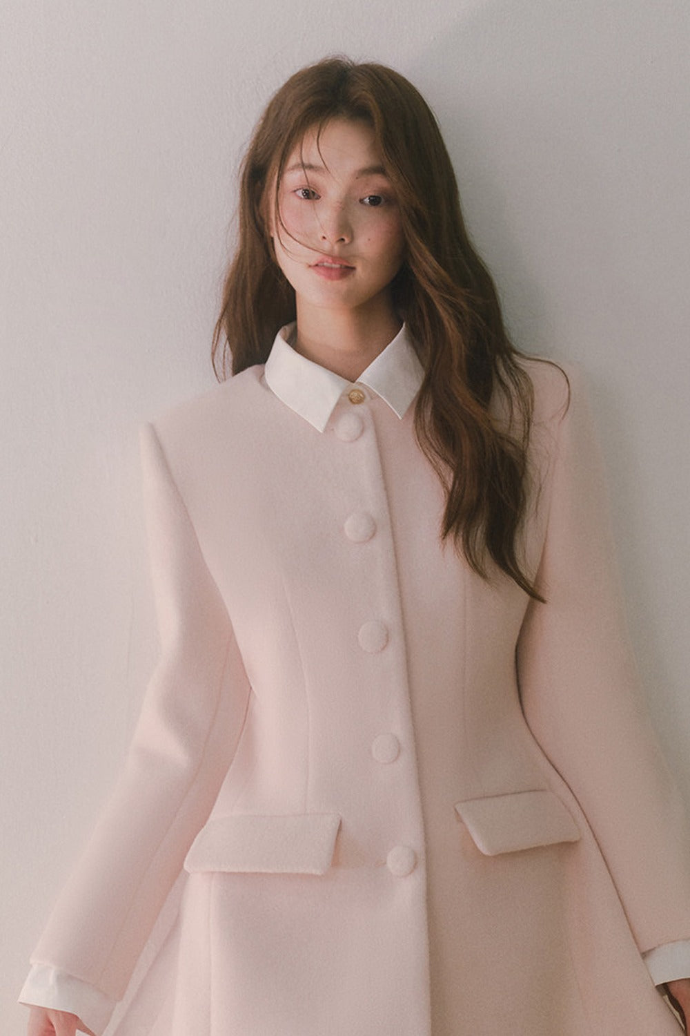 Pink Wool Shirt Collar Mid-Length Coat