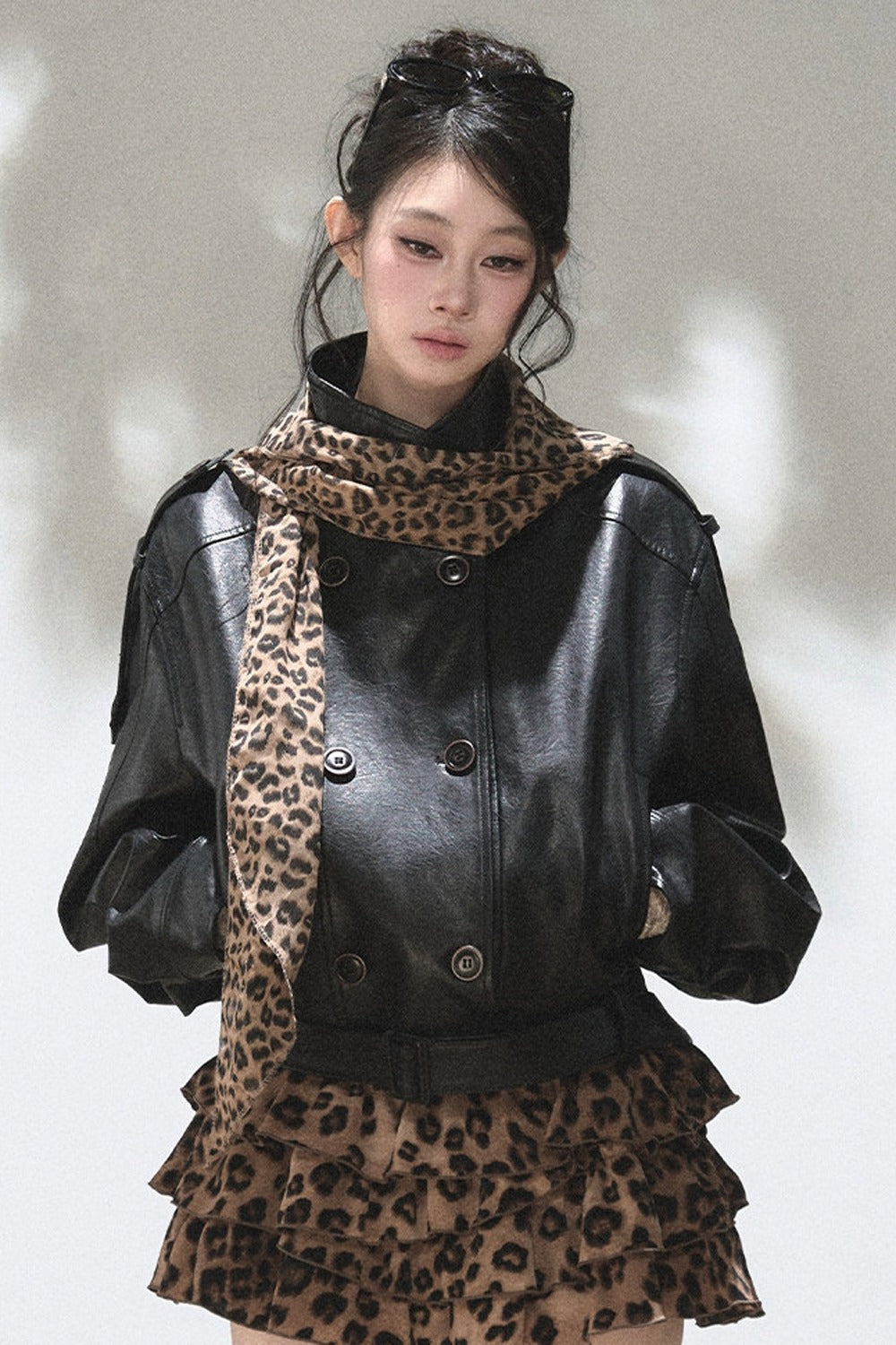Double-Breasted Stand-Collar Leather Jacket