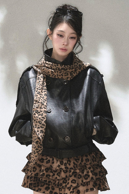 Double-Breasted Stand-Collar Leather Jacket