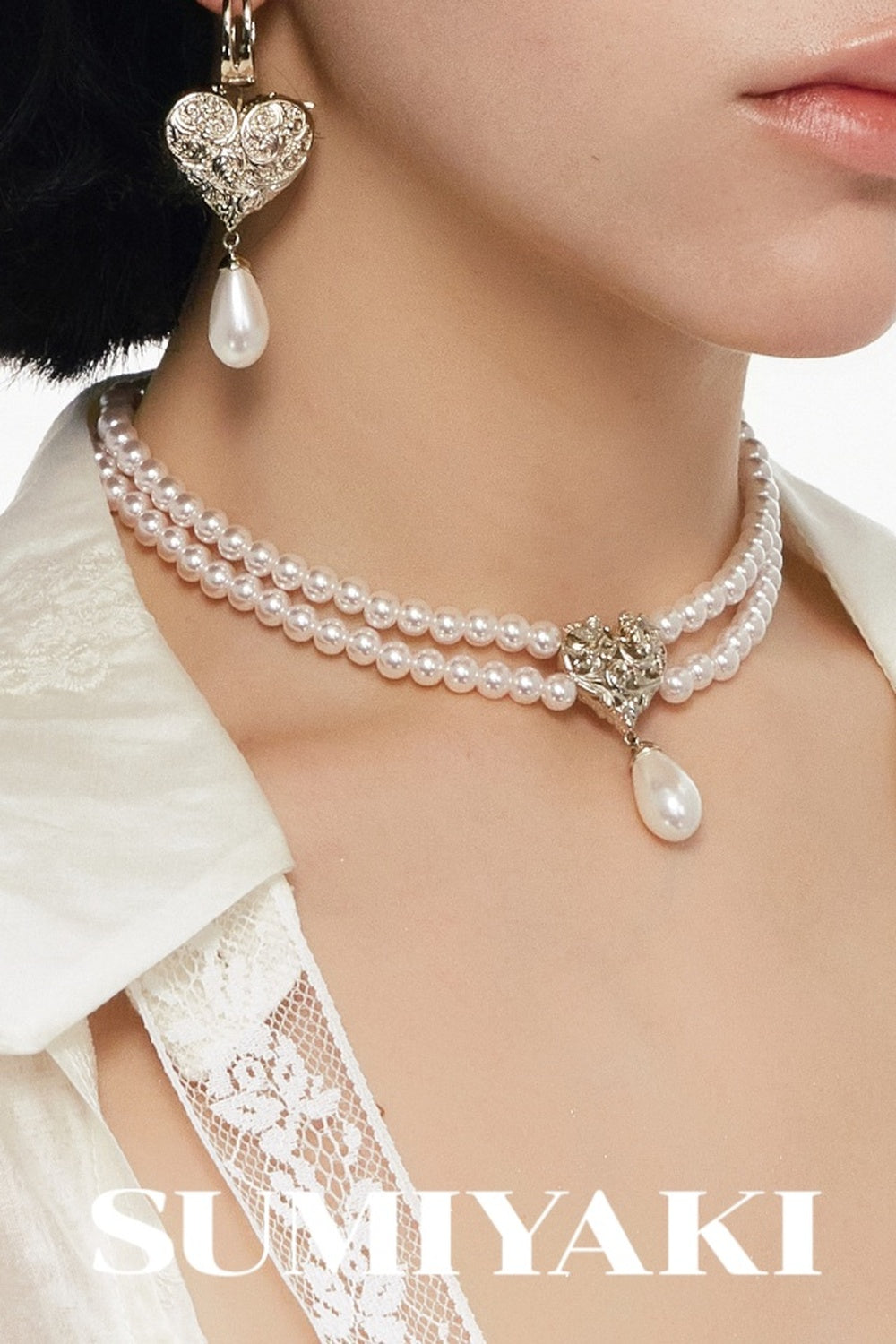 Double Layer Embossed Heart Pearl Necklace