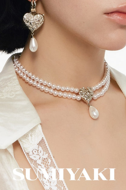 Double Layer Embossed Heart Pearl Necklace