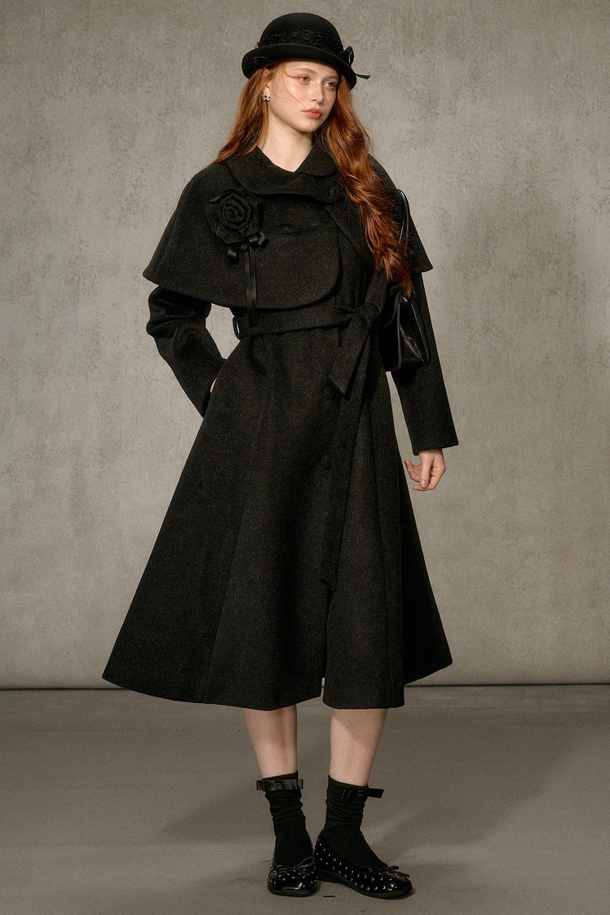 Floral Embroidered Long Woolen Cape Coat Set-Up