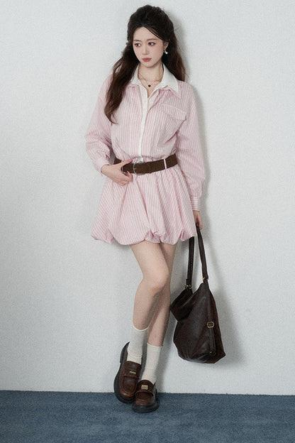 Pink Striped Bubble Shirt Dress