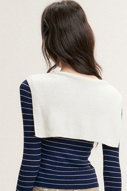 Striped Shawl Collar Long Sleeve Knit Sweater