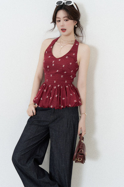 Red Halter Peplum Top