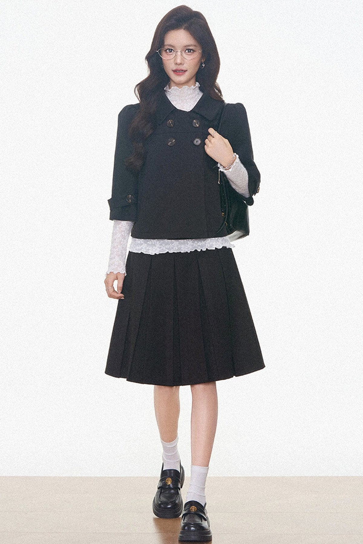 Double-Breasted Woolen Jacket With Midi Skirt and Pants Set-Up