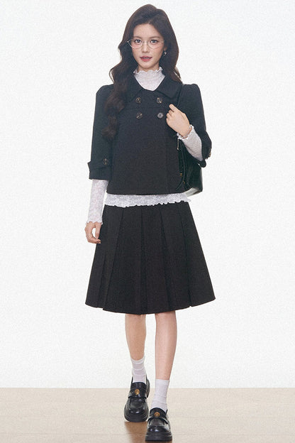 Double-Breasted Woolen Jacket With Midi Skirt and Pants Set-Up