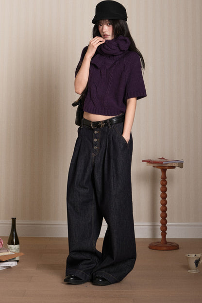 Short Sleeve Scarf Layered Knit Sweater