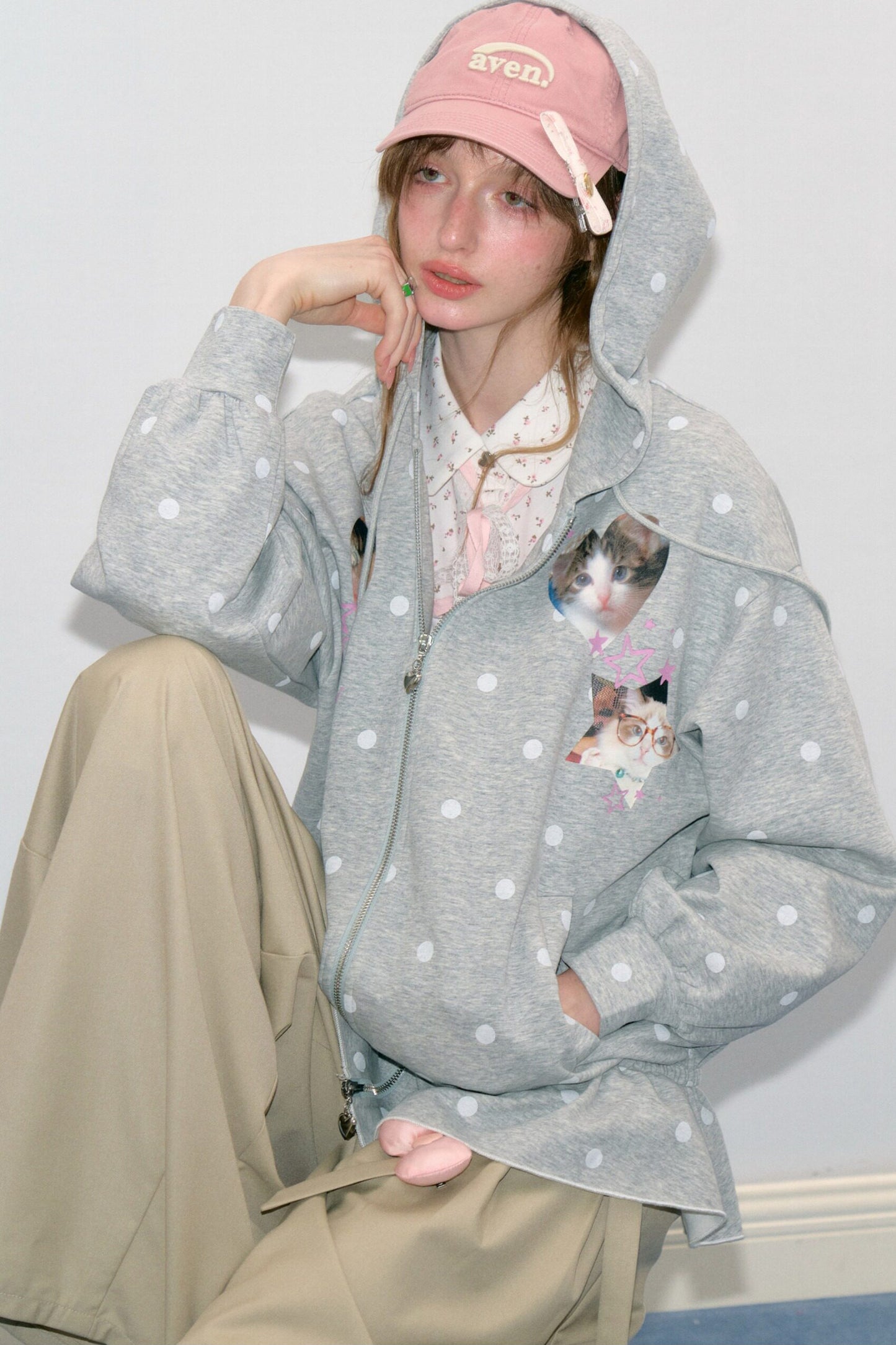 Cat Polka Dot Zipper Hooded Jacket