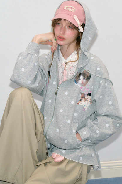 Cat Polka Dot Zipper Hooded Jacket