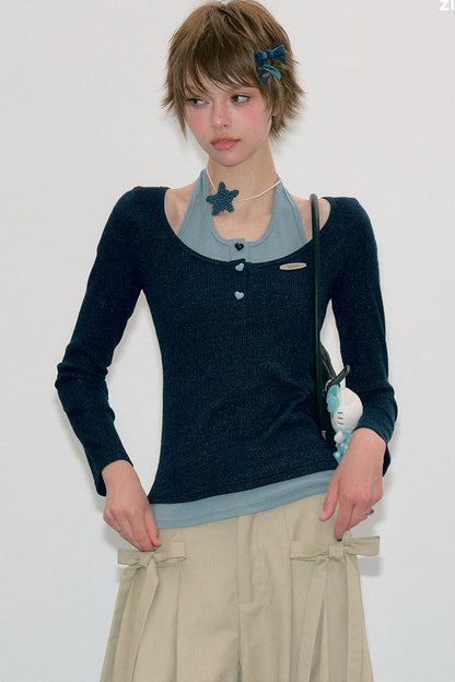 Top in maglia blu a maniche lunghe effetto stratificato