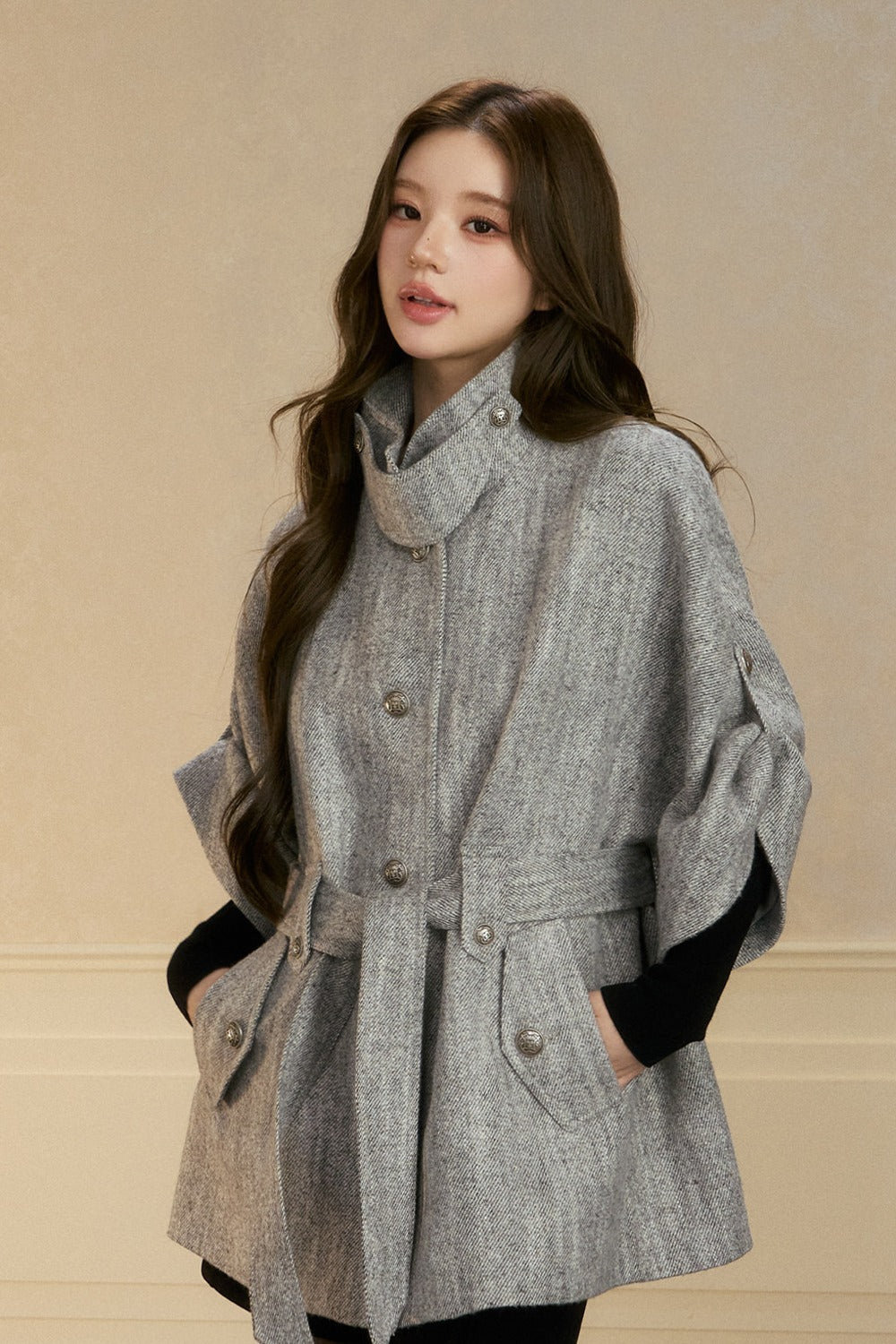 Stand Collar Batwing Wool Cape Jacket