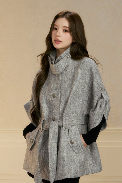 Stand Collar Batwing Wool Cape Jacket