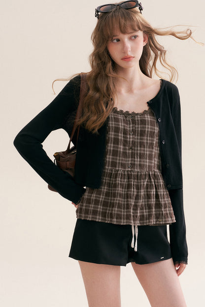 Textured Plaid Daisy Lace Camisole Set-Up