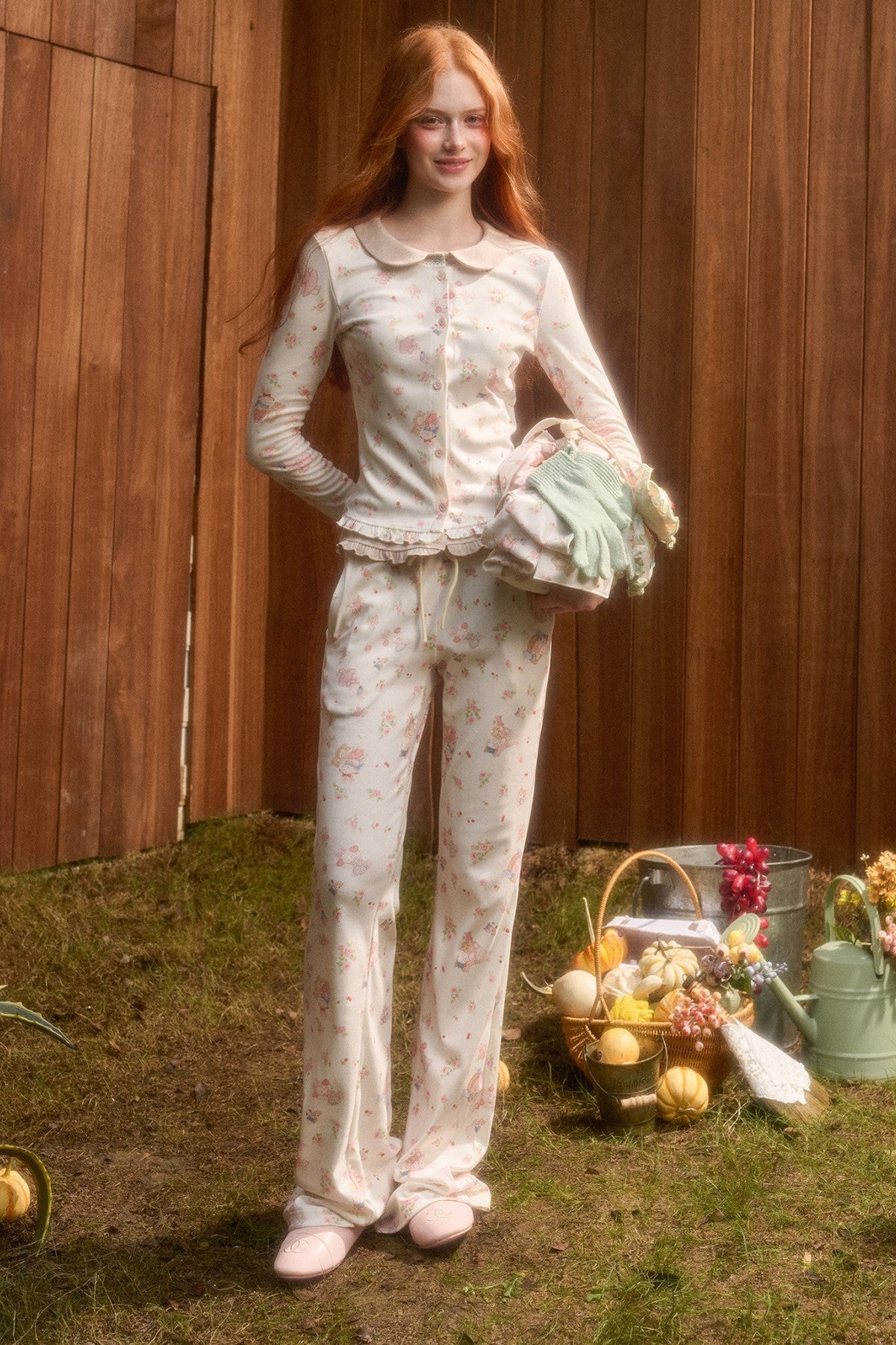 Layered-Look Floral Bunny Cardigan and Pants Set-Up